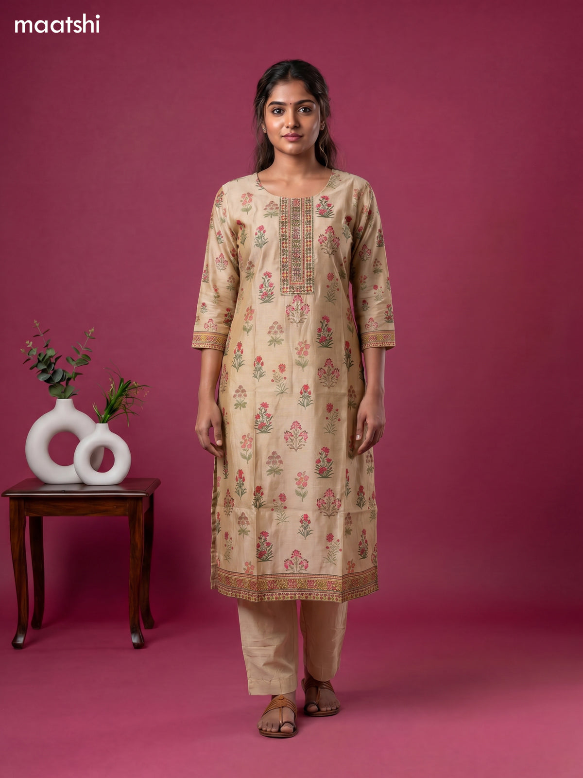 cotton floral printed & embroidery work straight suit