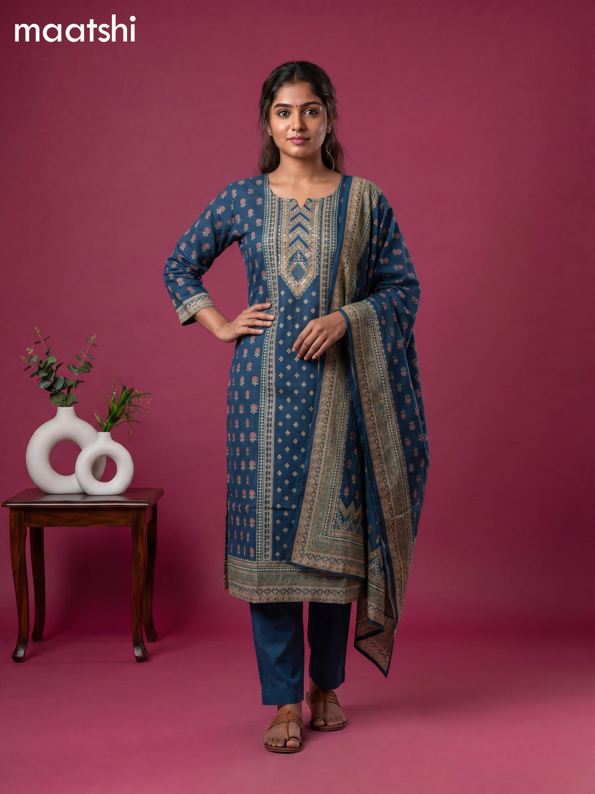 Blue Cotton floral printed & embroidery work straight suit