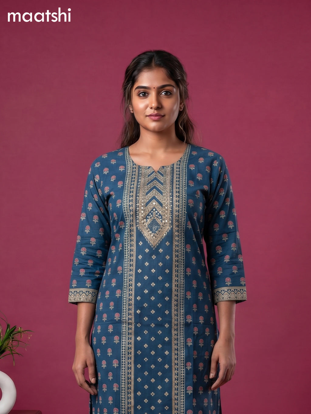 Blue Cotton floral printed & embroidery work straight suit