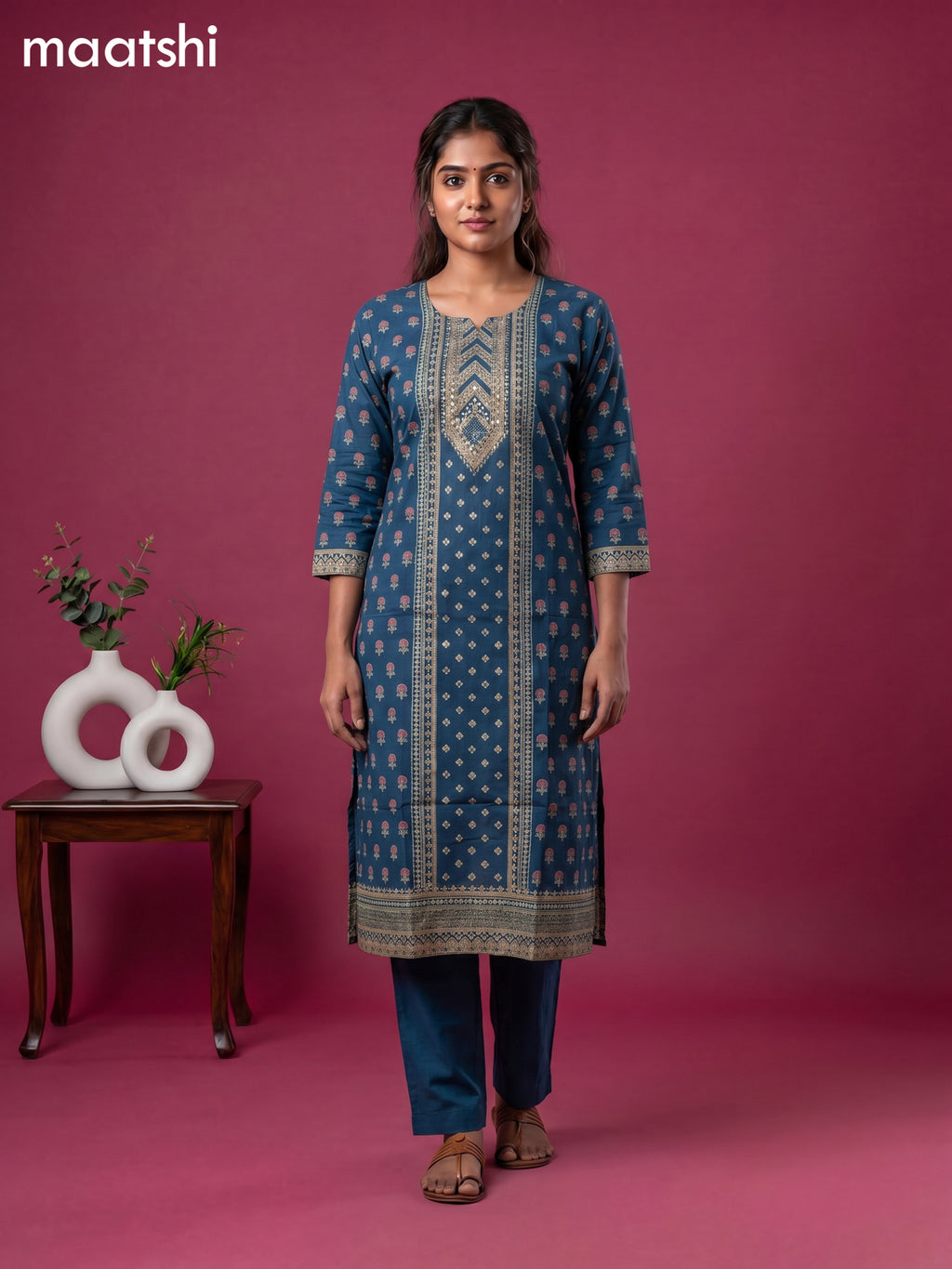 Blue Cotton floral printed & embroidery work straight suit