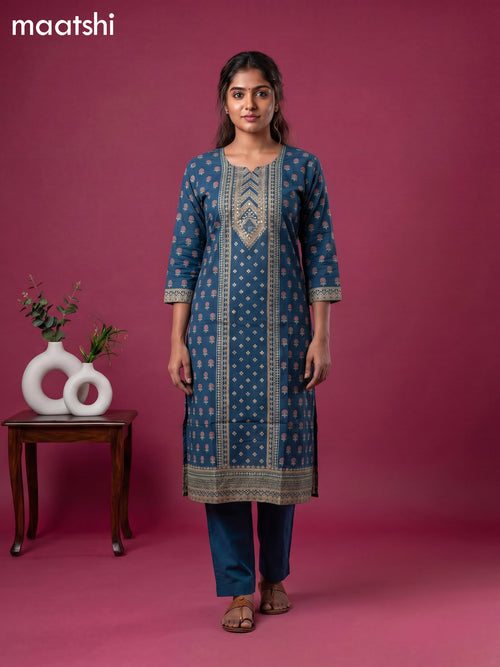 Blue Cotton floral printed & embroidery work straight suit