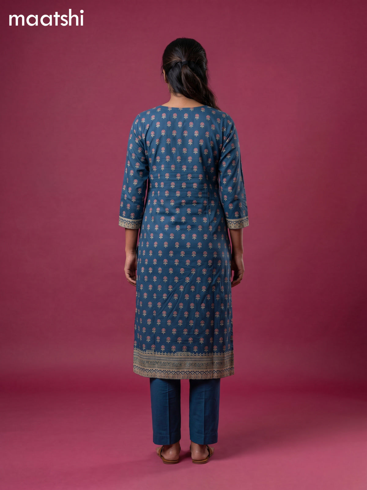 Blue Cotton floral printed & embroidery work straight suit