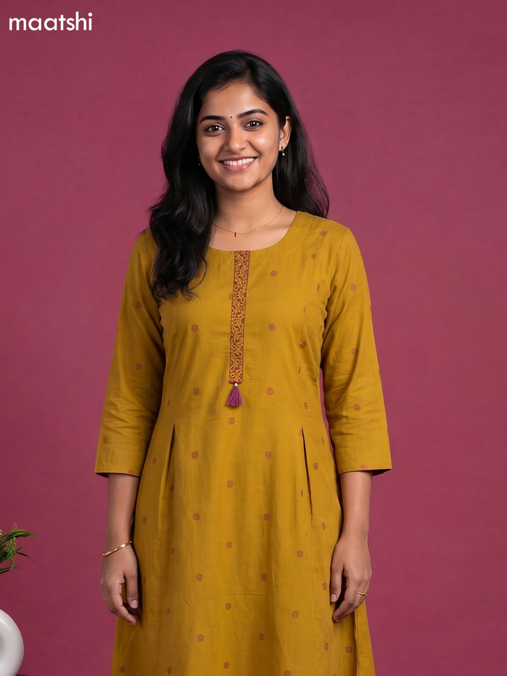 Mustard Yellow Cotton Simple Embroidery Work Straight Kurti