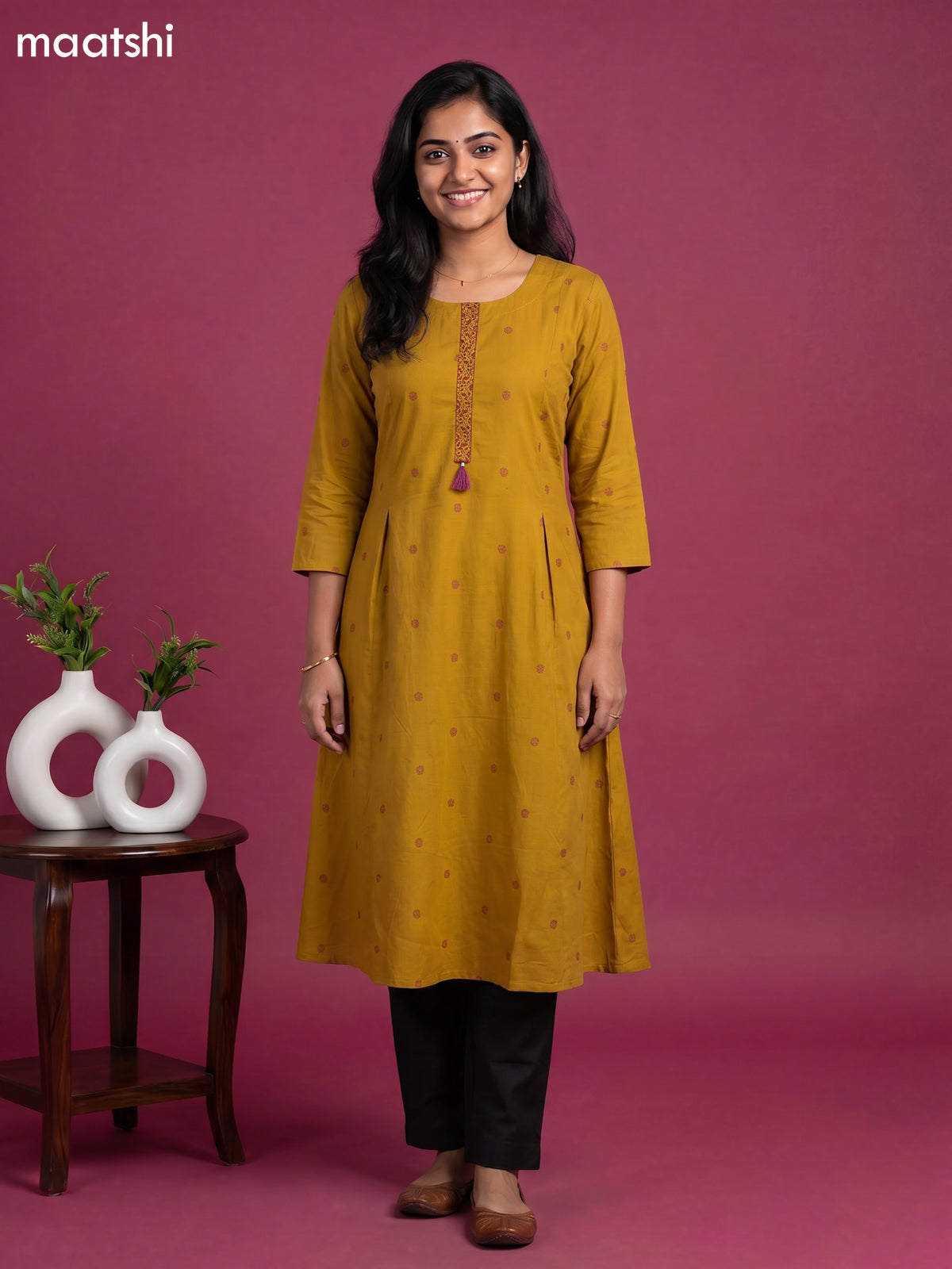 Mustard Yellow Cotton Simple Embroidery Work Straight Kurti