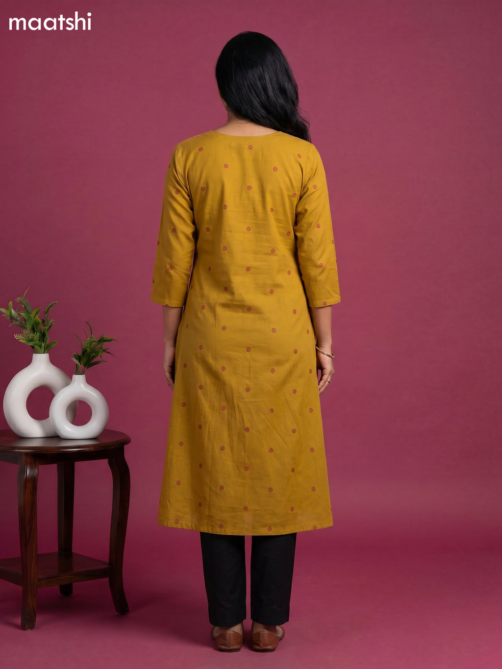 Mustard Yellow Cotton Simple Embroidery Work Straight Kurti