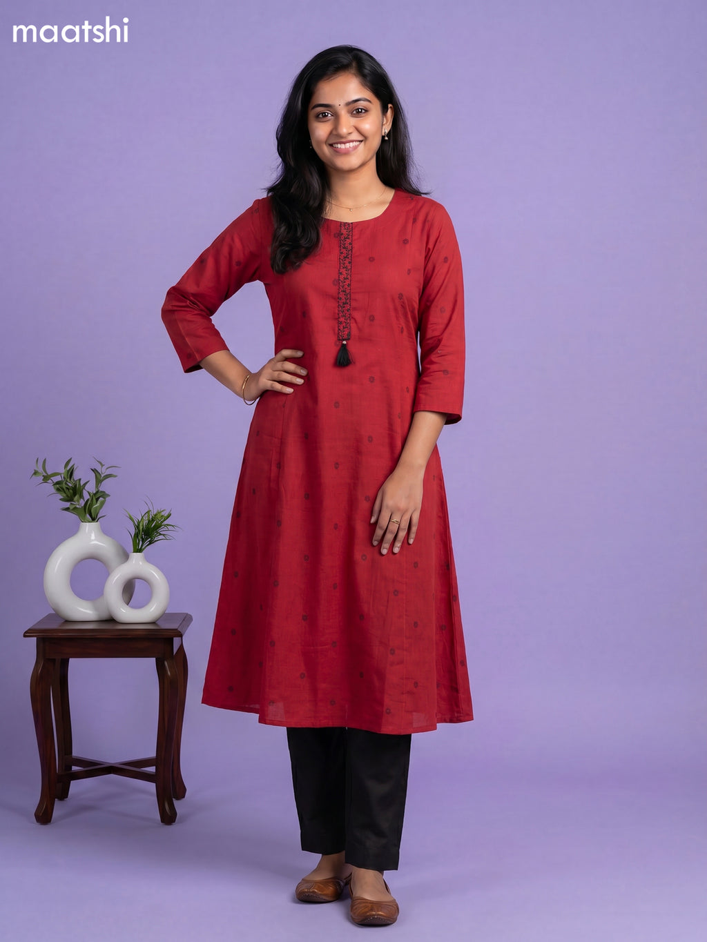 Maroon Cotton Simple Embroidery Work Straight Kurti