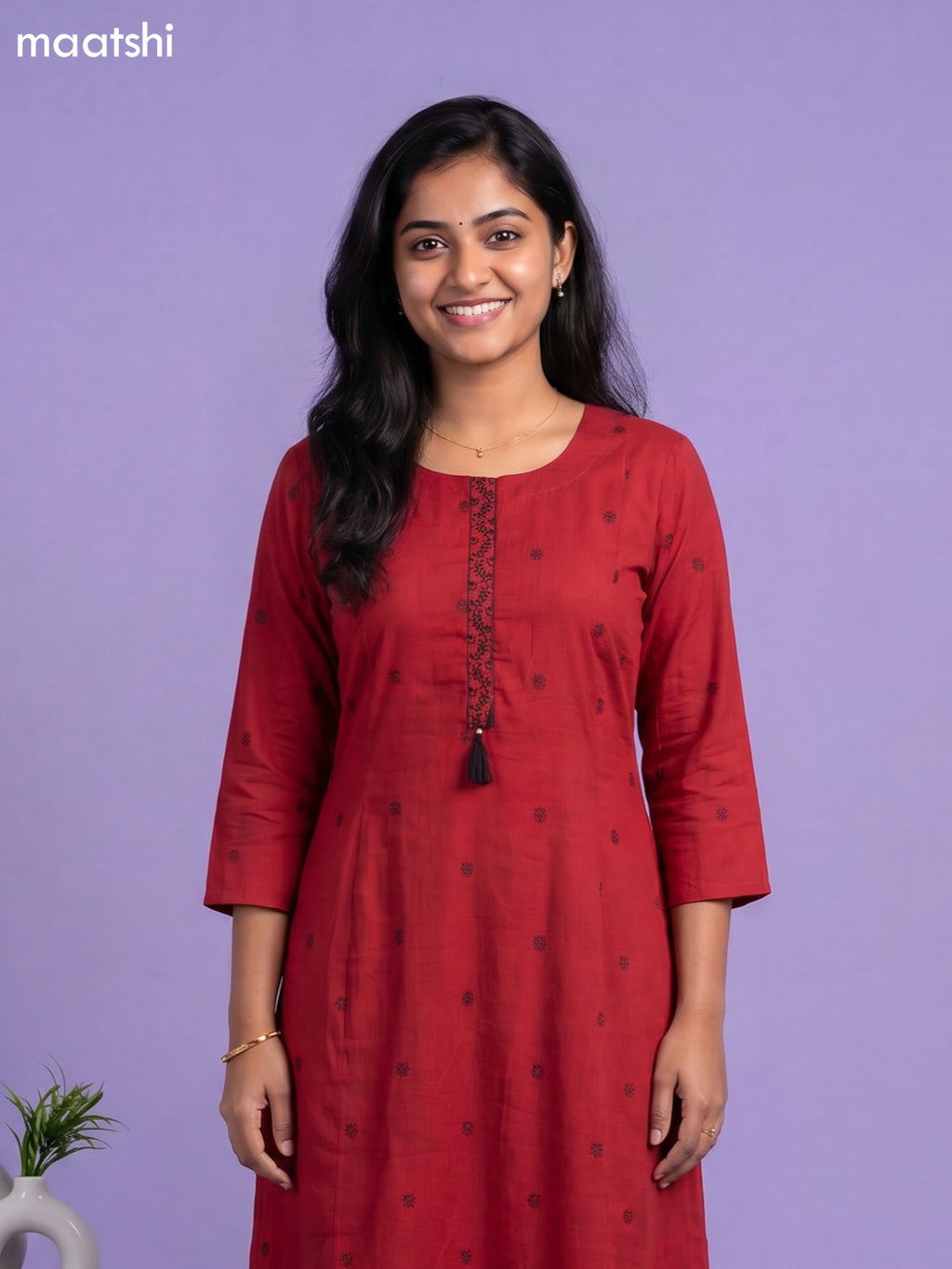 Maroon Cotton Simple Embroidery Work Straight Kurti