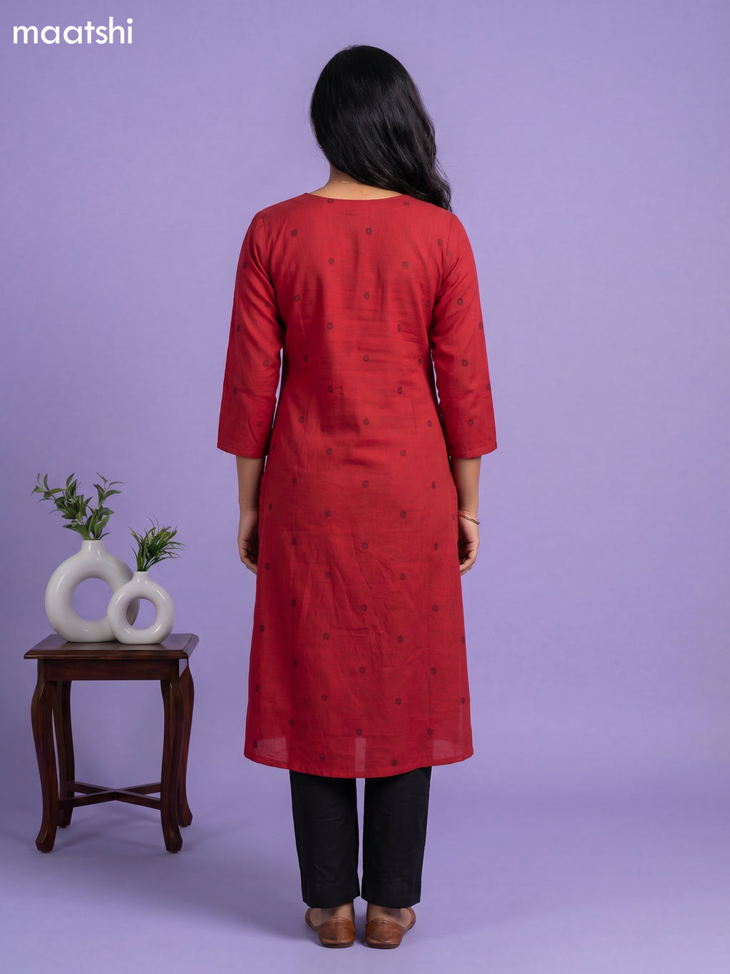 Maroon Cotton Simple Embroidery Work Straight Kurti