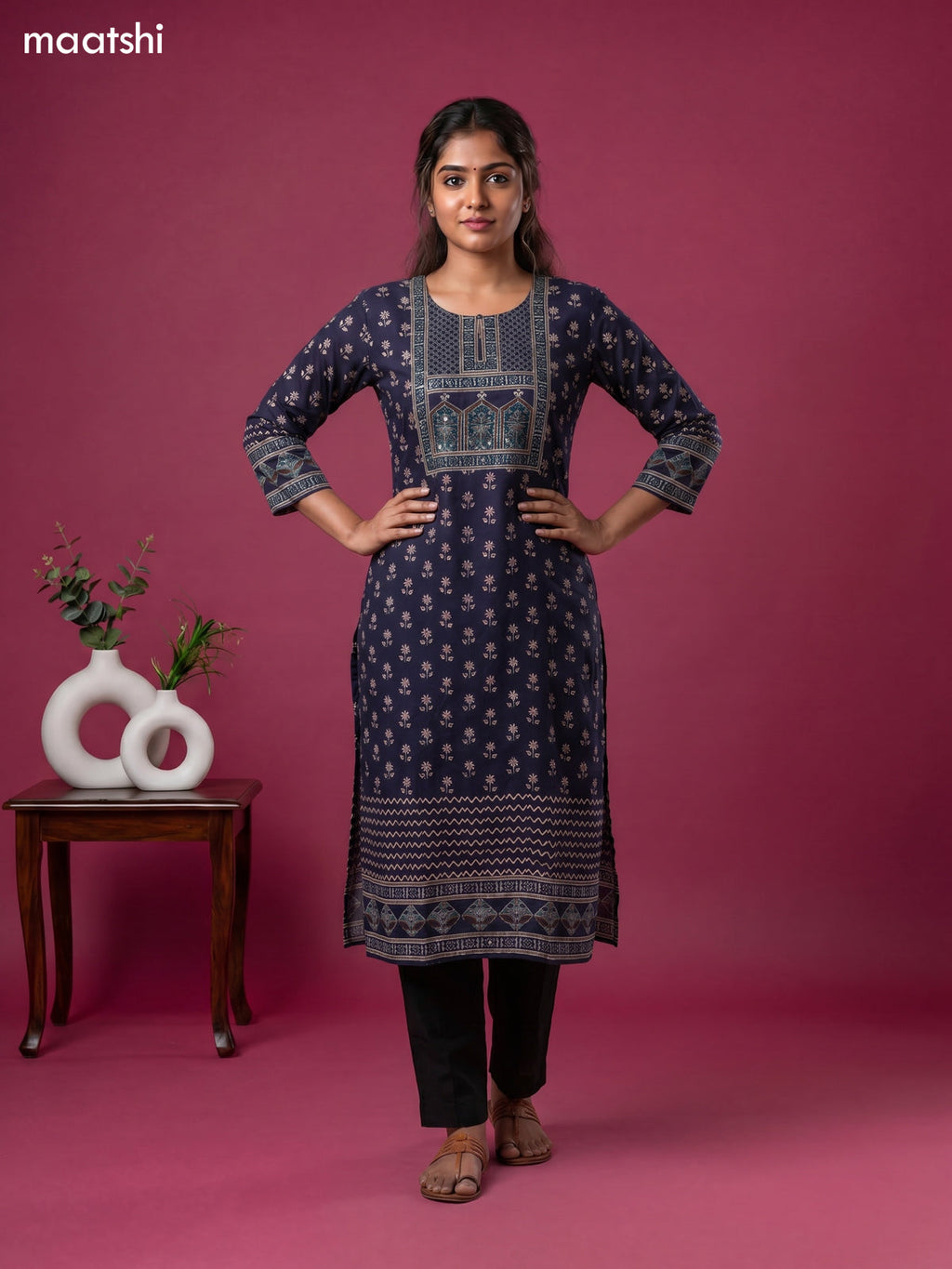 Dark Blue Cotton Printed Straight Kurti