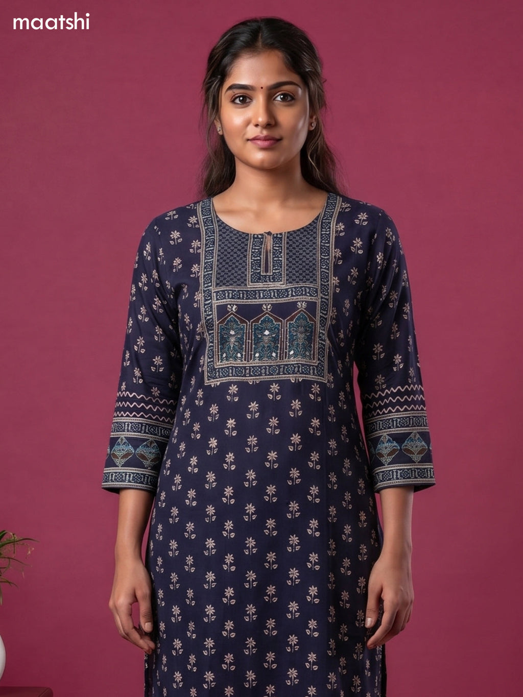 Dark Blue Cotton Printed Straight Kurti