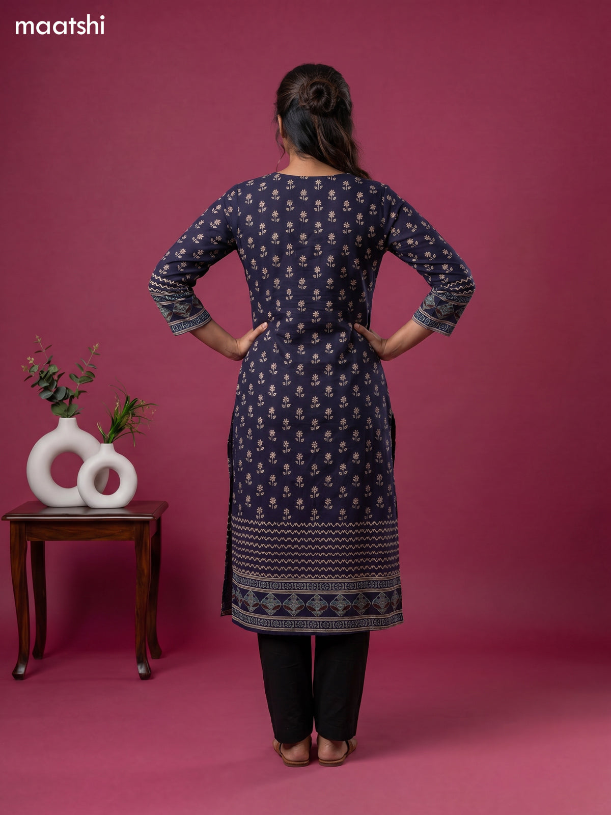 Dark Blue Cotton Printed Straight Kurti