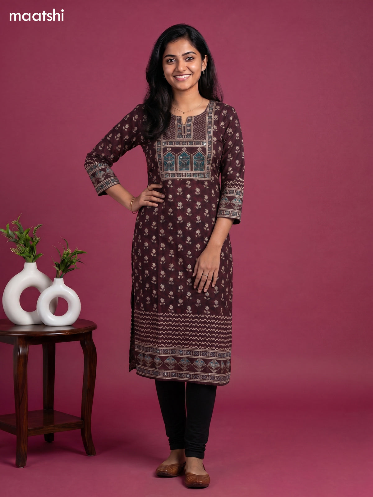 Dark Maroon Cotton Printed Straight Kurti