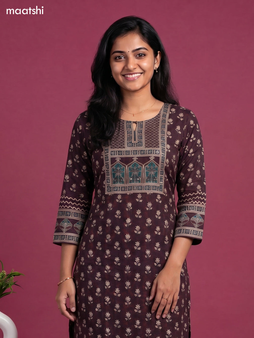 Dark Maroon Cotton Printed Straight Kurti