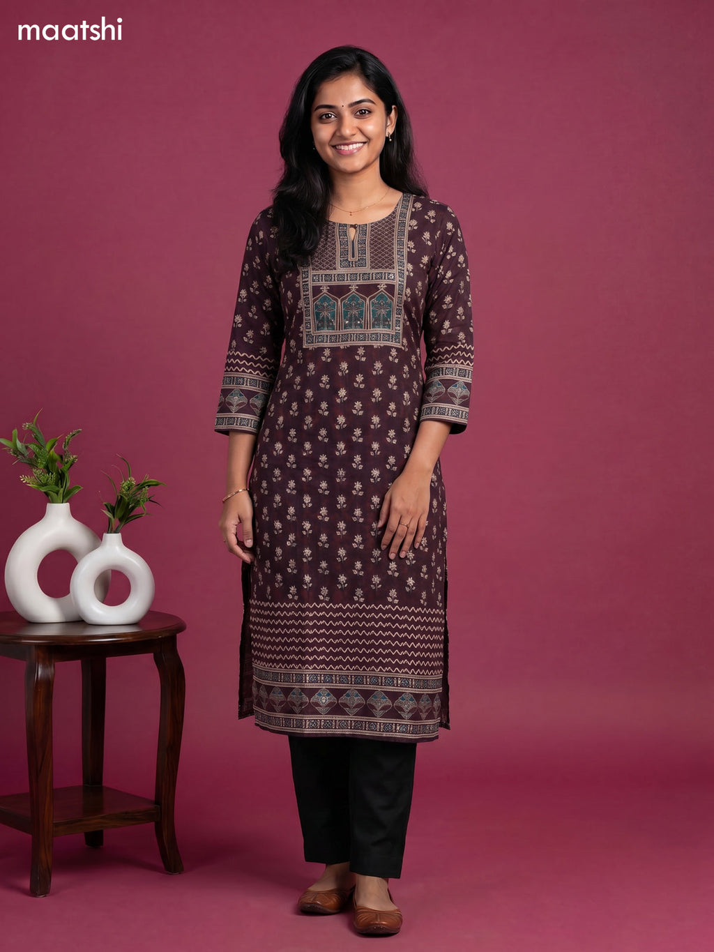 Dark Maroon Cotton Printed Straight Kurti