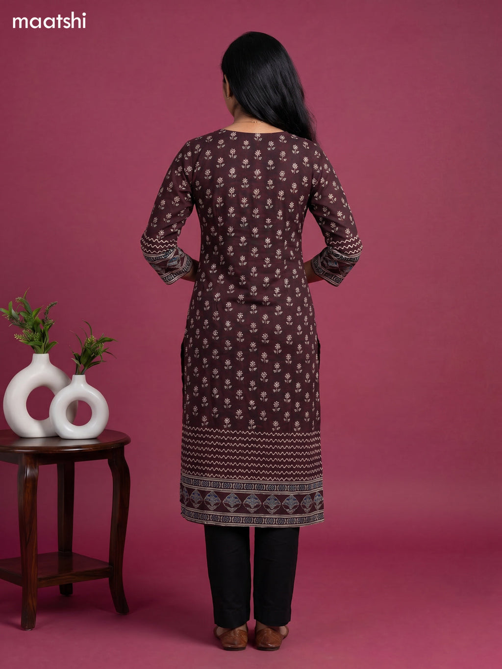 Dark Maroon Cotton Printed Straight Kurti