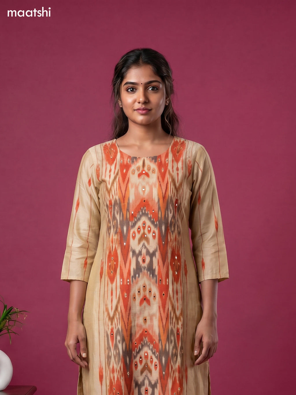 Cream and Orange Art Silk Ikat Weaves & Simple Embroidery Work Straight Suit