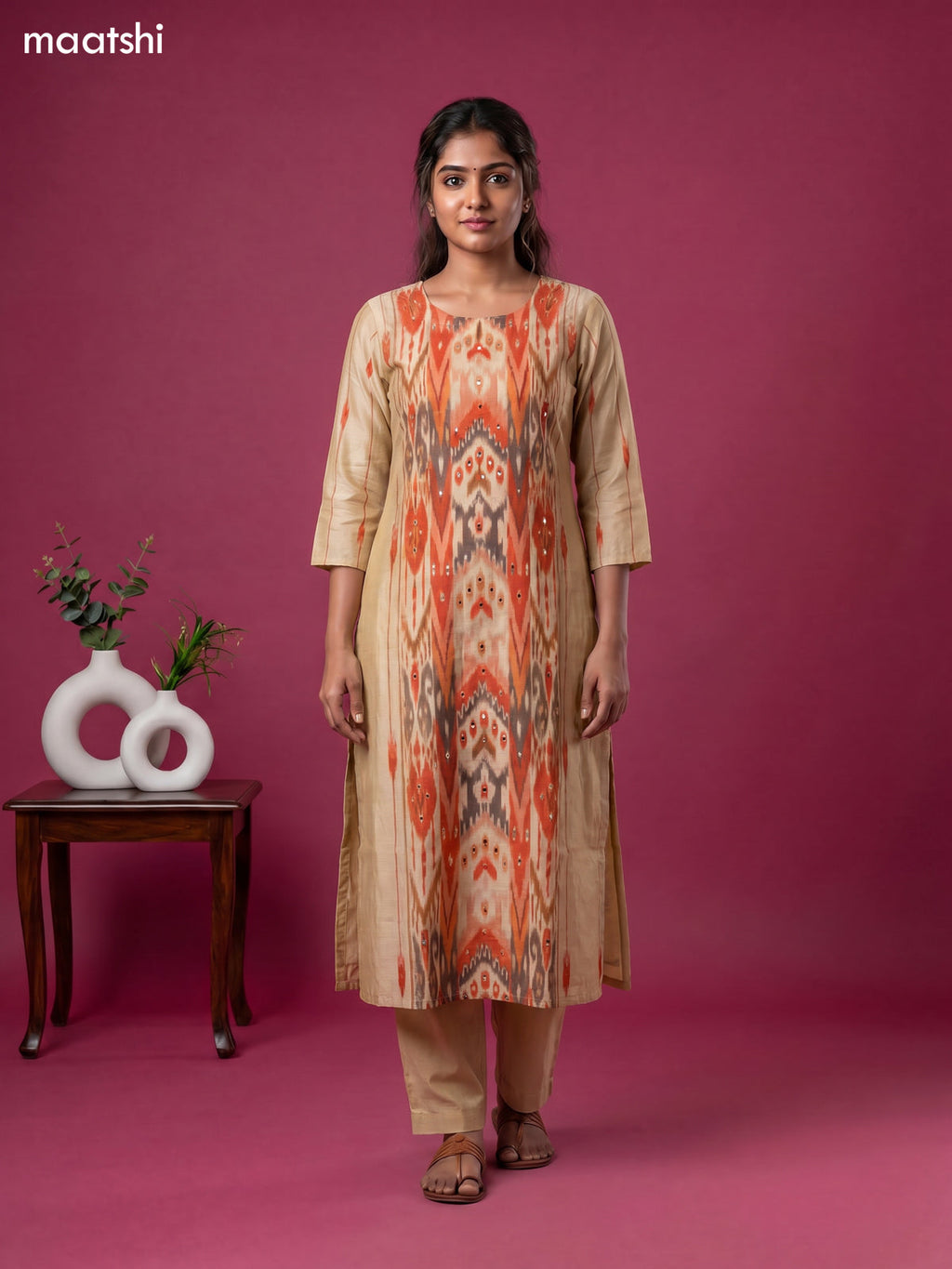 Cream and Orange Art Silk Ikat Weaves & Simple Embroidery Work Straight Suit