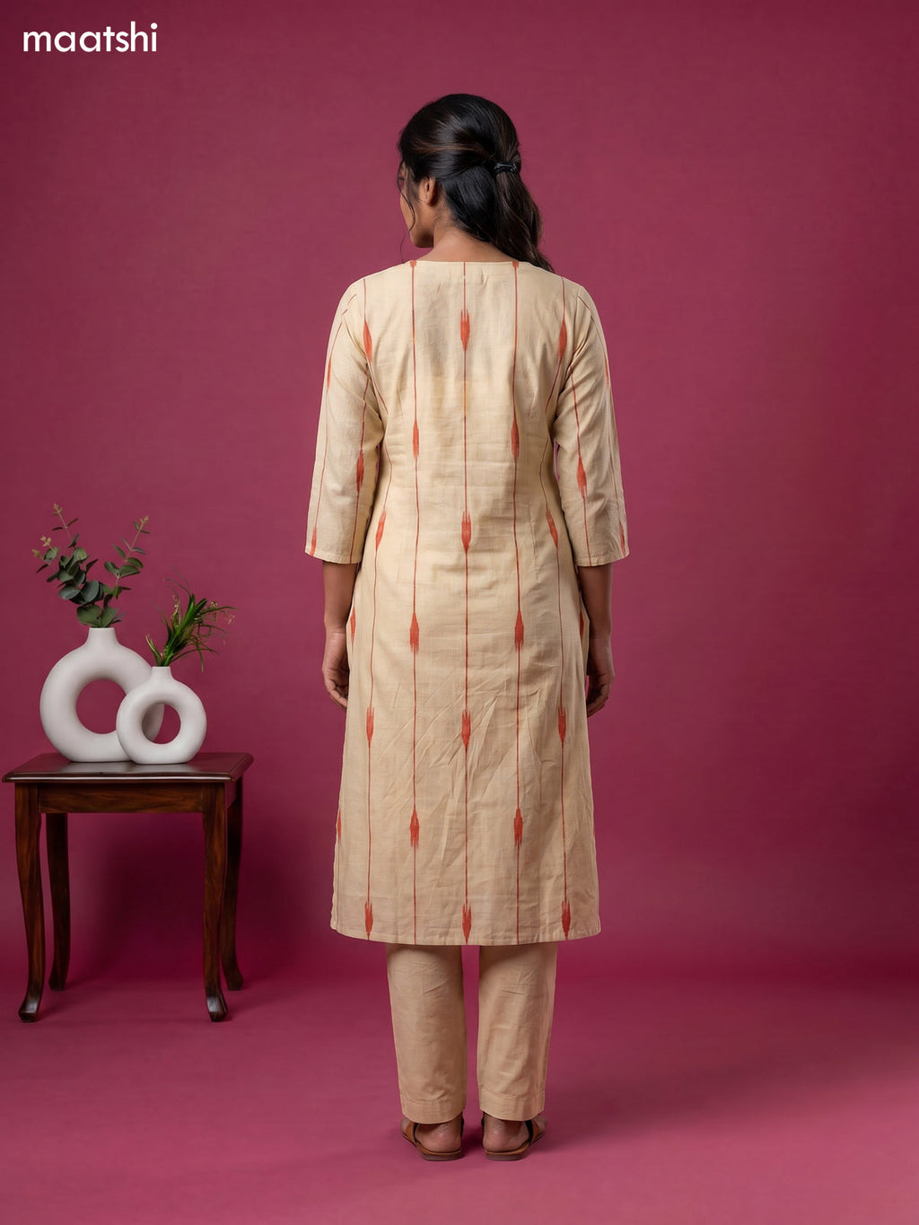 Cream and Orange Art Silk Ikat Weaves & Simple Embroidery Work Straight Suit