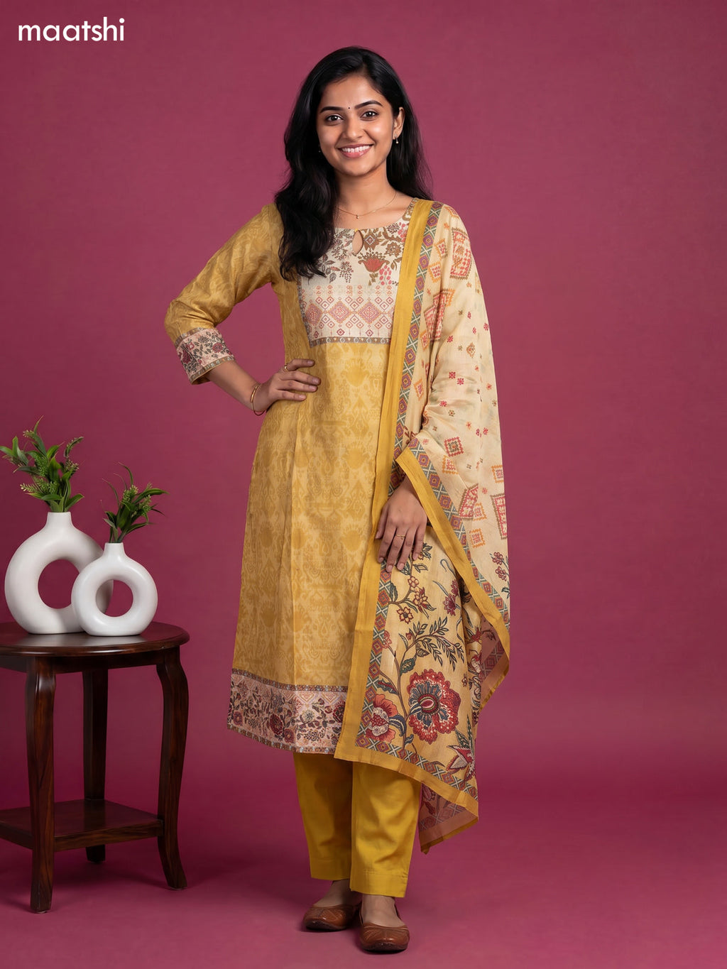 Mustard Yellow and Beige Art Silk Ikat Weaves & Simple Embroidery Work Straight Suit