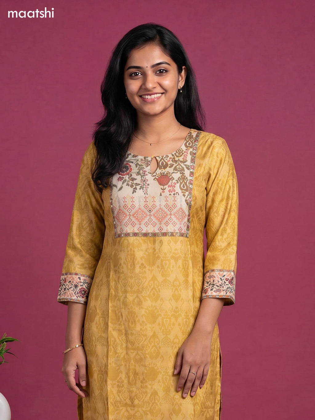 Mustard Yellow and Beige Art Silk Ikat Weaves & Simple Embroidery Work Straight Suit