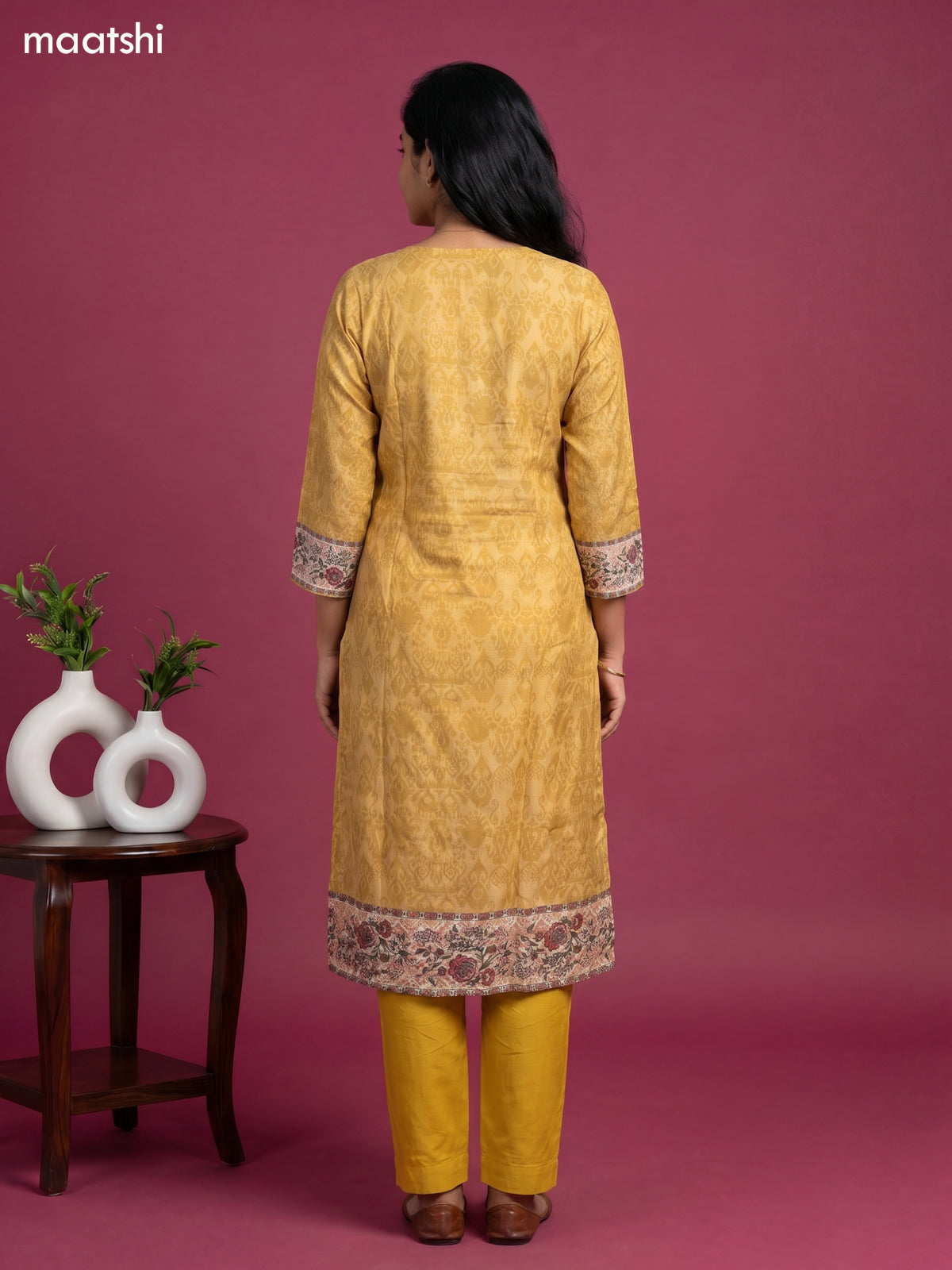 Mustard Yellow and Beige Art Silk Ikat Weaves & Simple Embroidery Work Straight Suit