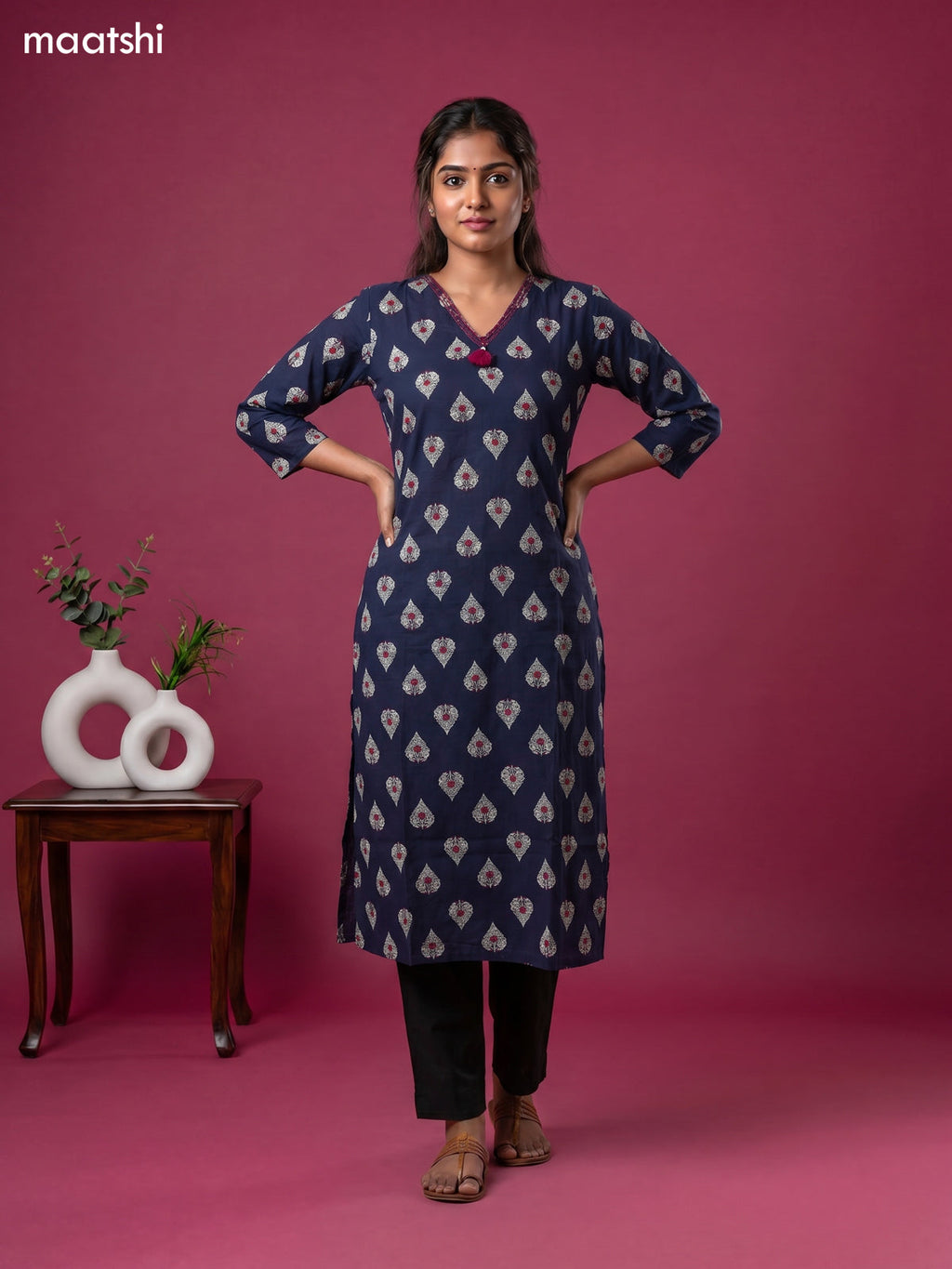 Dark Blue Cotton Printed & Embroidery Work Straight Kurti