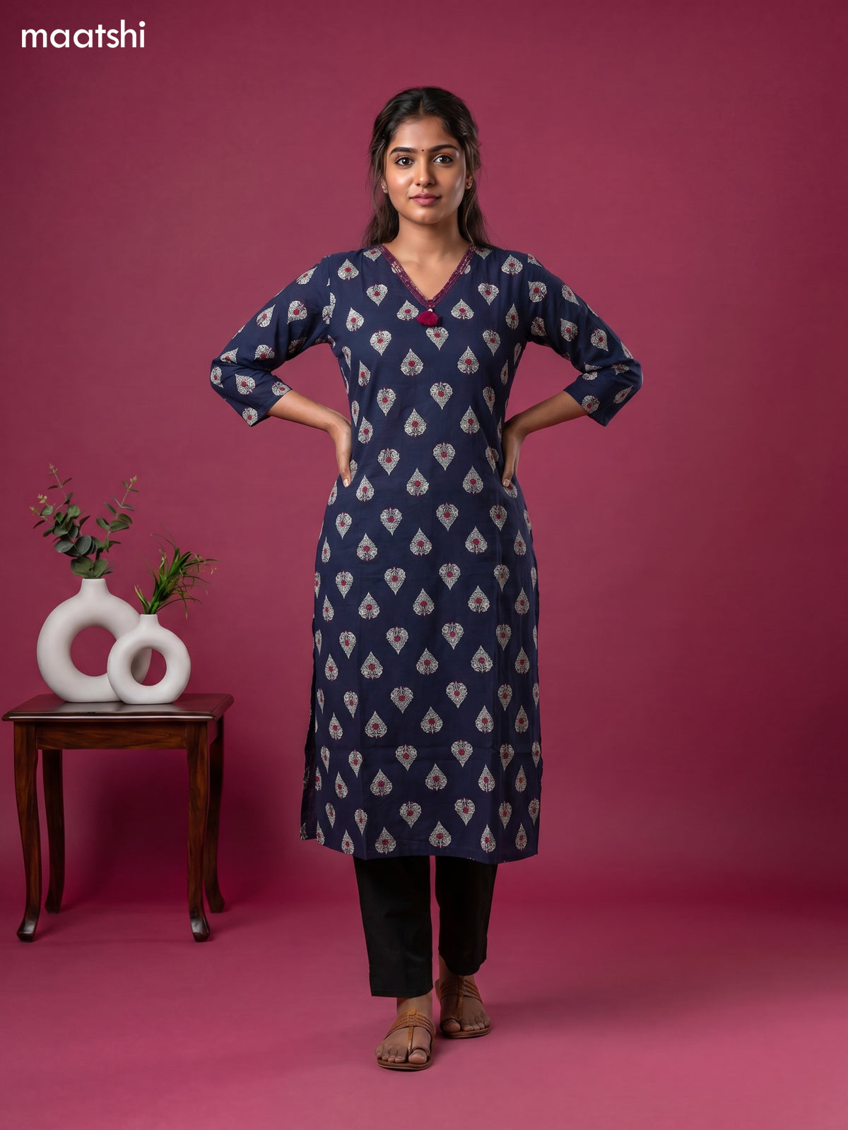 Dark Blue Cotton Printed & Embroidery Work Straight Kurti