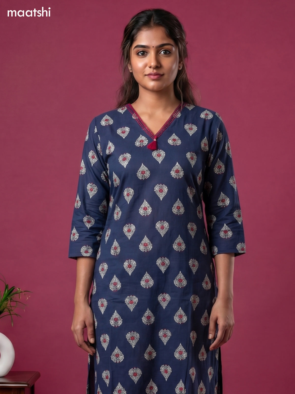 Dark Blue Cotton Printed & Embroidery Work Straight Kurti