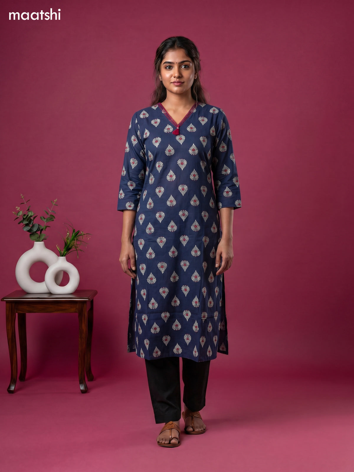 Dark Blue Cotton Printed & Embroidery Work Straight Kurti