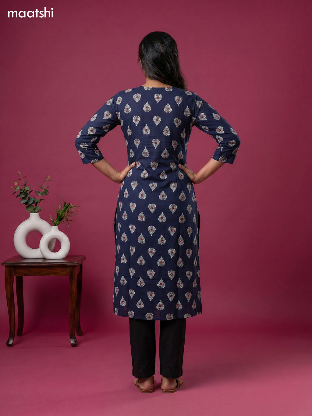 Dark Blue Cotton Printed & Embroidery Work Straight Kurti