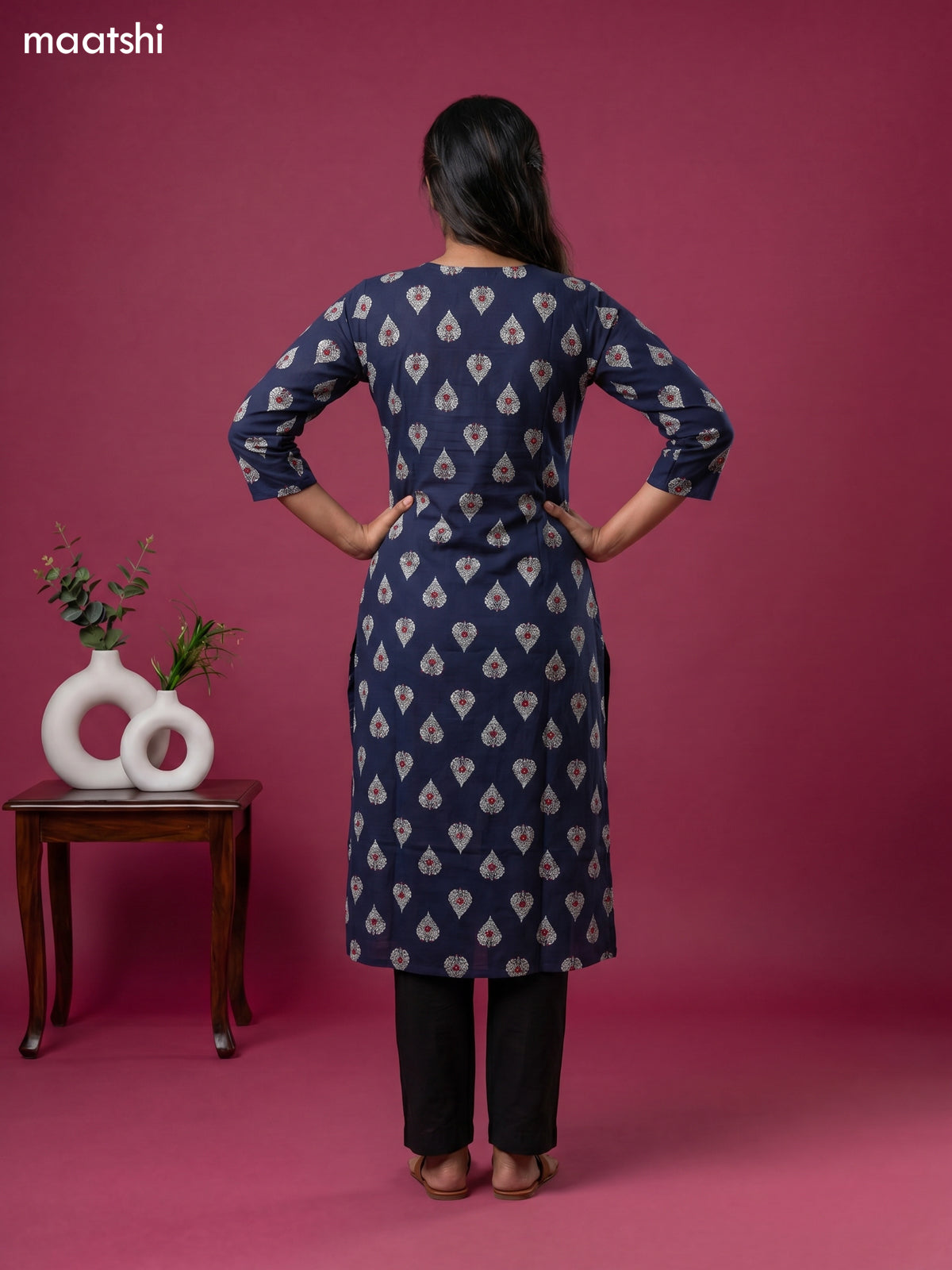 Dark Blue Cotton Printed & Embroidery Work Straight Kurti