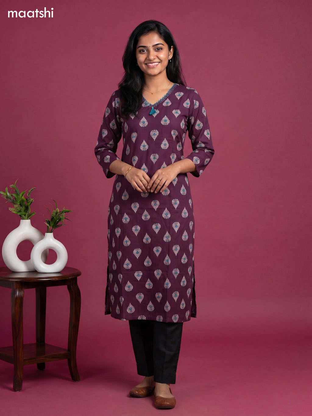 Dark Purple Cotton Printed & Embroidery Work Straight Kurti