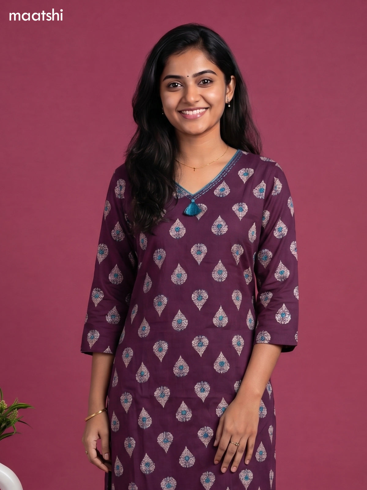 Dark Purple Cotton Printed & Embroidery Work Straight Kurti