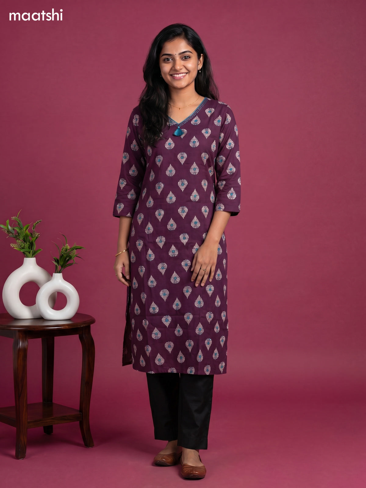 Dark Purple Cotton Printed & Embroidery Work Straight Kurti