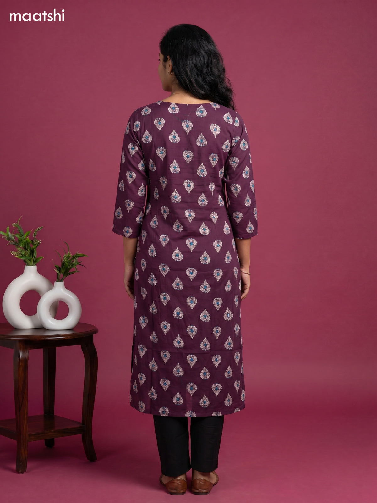 Dark Purple Cotton Printed & Embroidery Work Straight Kurti