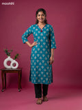 Teal Blue Cotton Printed & Embroidery Work Straight Kurti