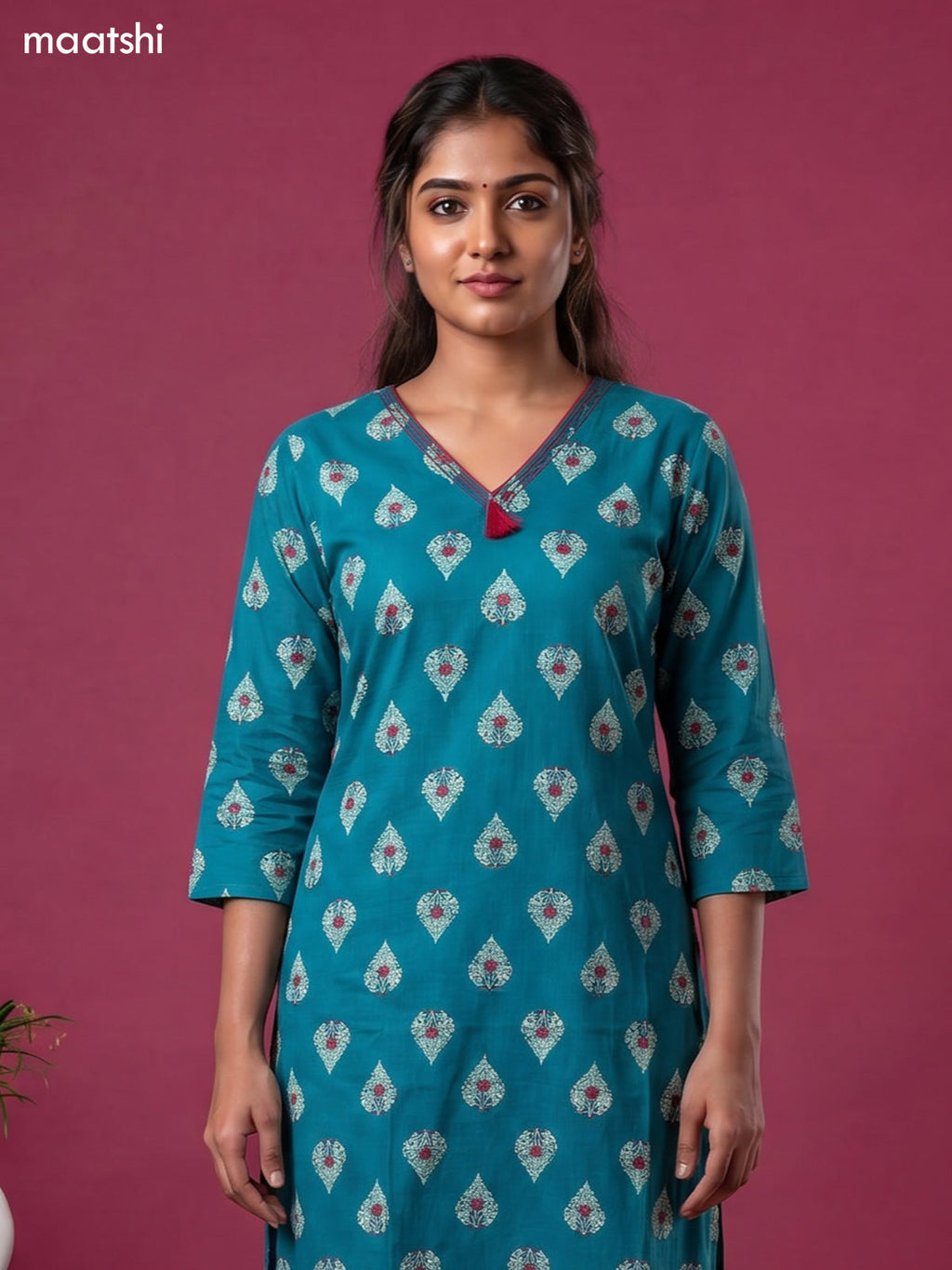 Teal Blue Cotton Printed & Embroidery Work Straight Kurti