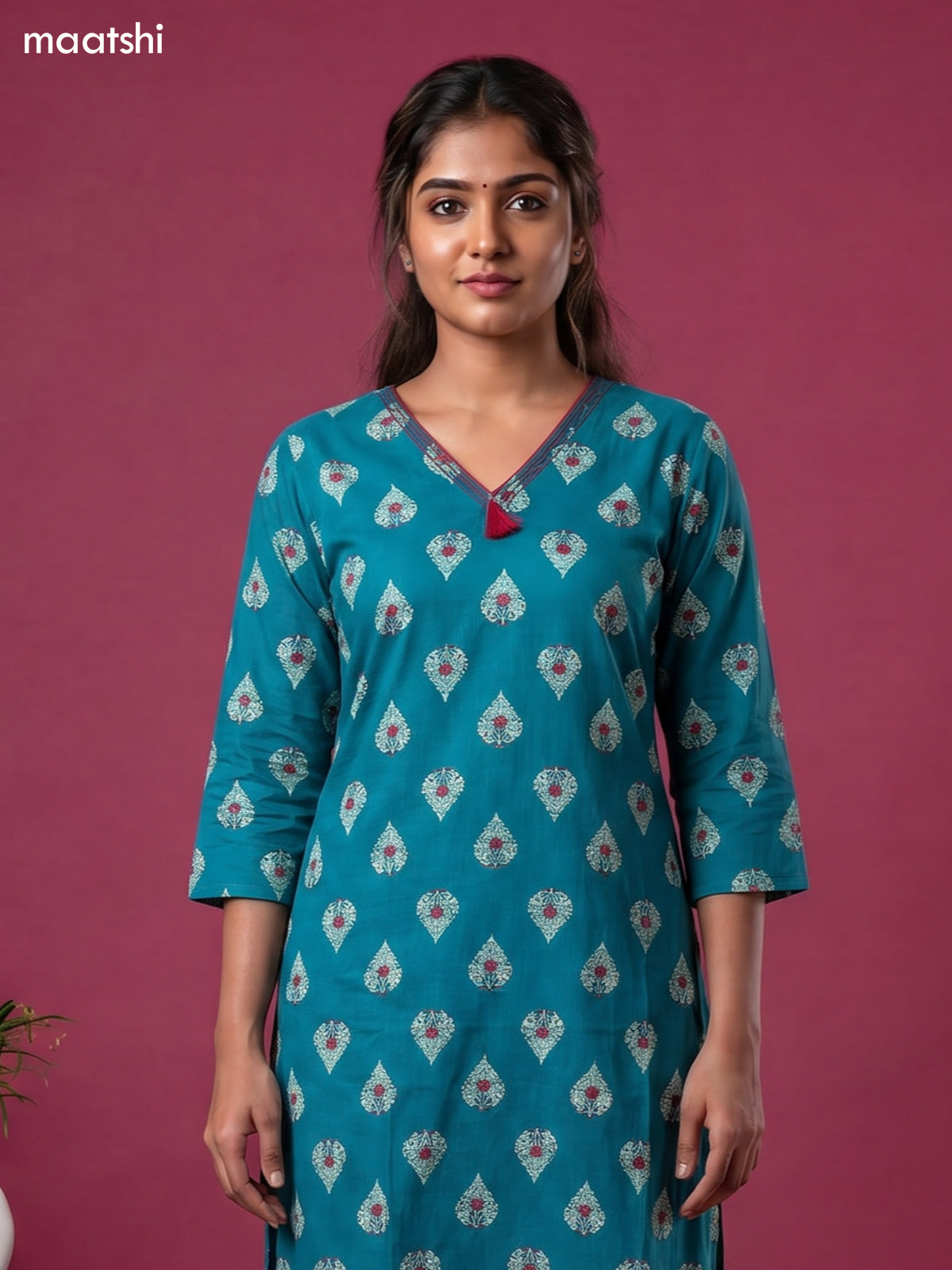 Teal Blue Cotton Printed & Embroidery Work Straight Kurti