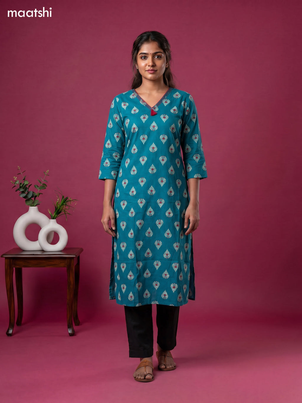 Teal Blue Cotton Printed & Embroidery Work Straight Kurti