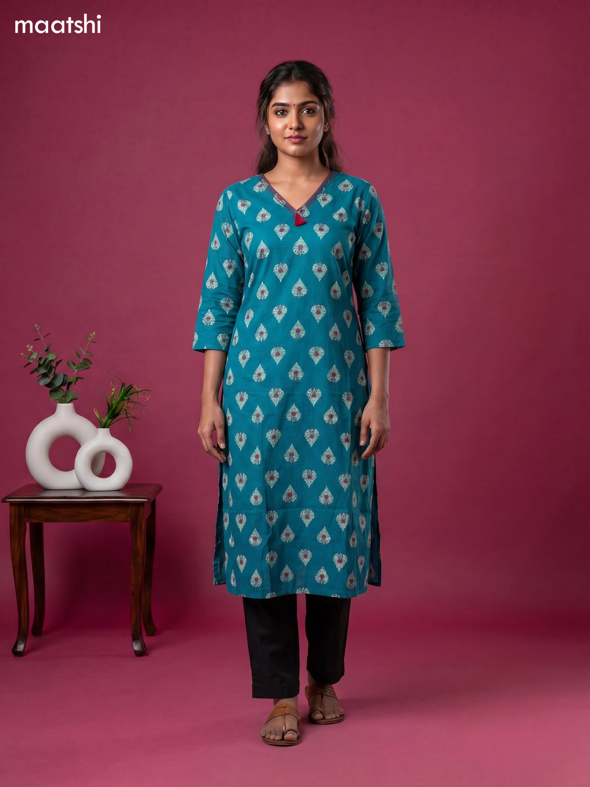 Teal Blue Cotton Printed & Embroidery Work Straight Kurti