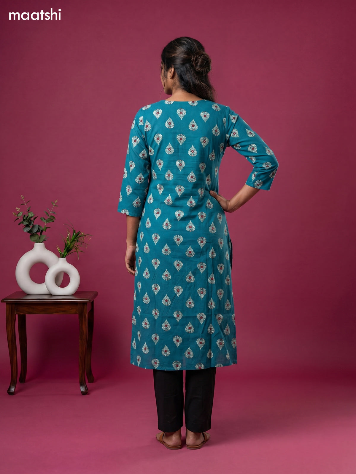 Teal Blue Cotton Printed & Embroidery Work Straight Kurti
