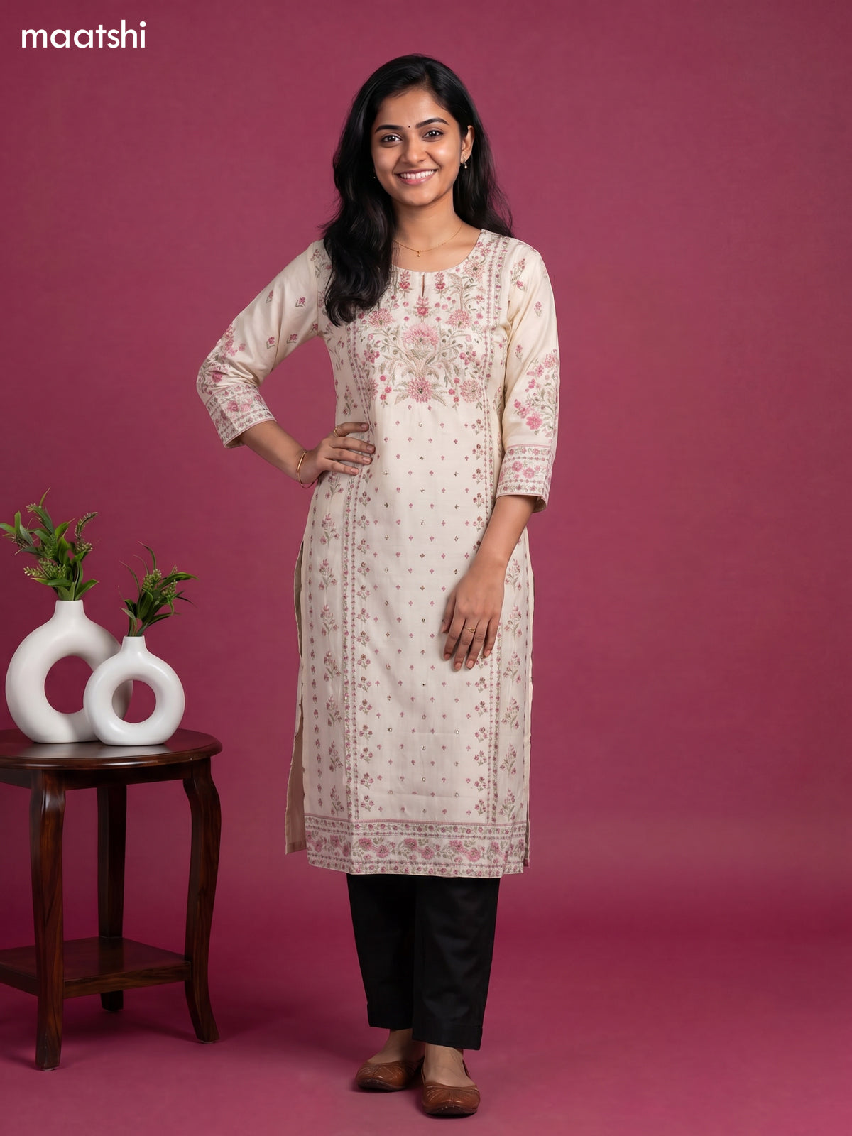 Cream Cotton Printed & Embroidery Work Straight Kurti