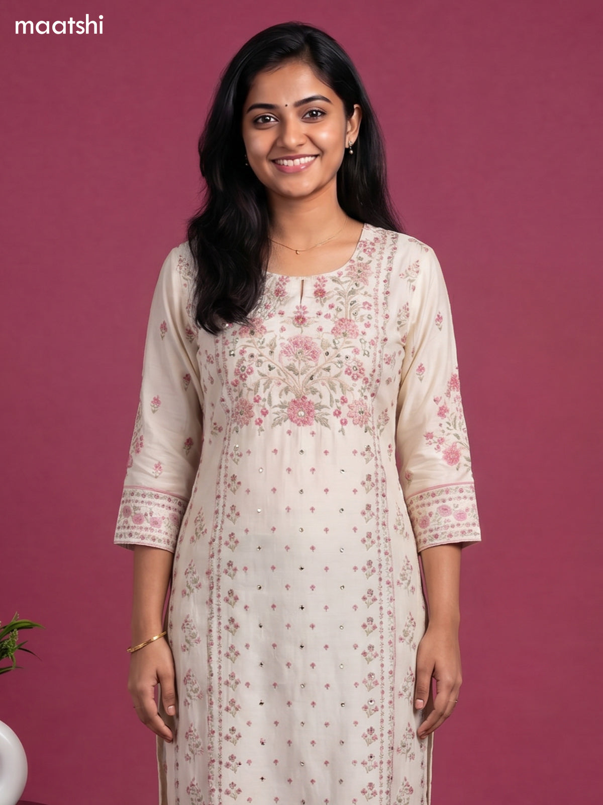 Cream Cotton Printed & Embroidery Work Straight Kurti