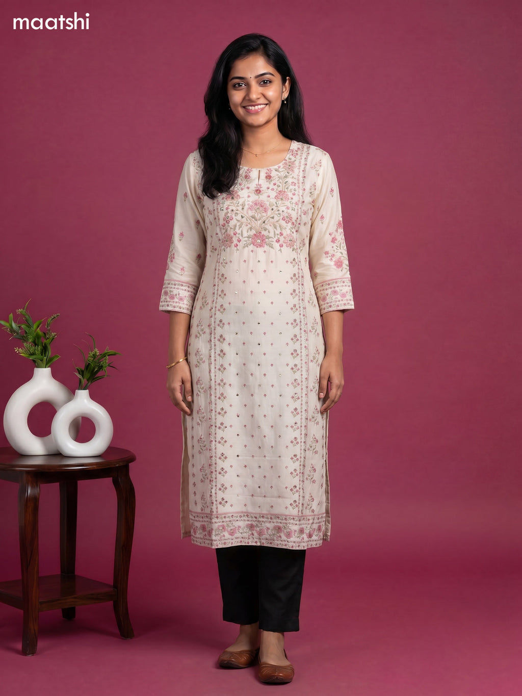 Cream Cotton Printed & Embroidery Work Straight Kurti
