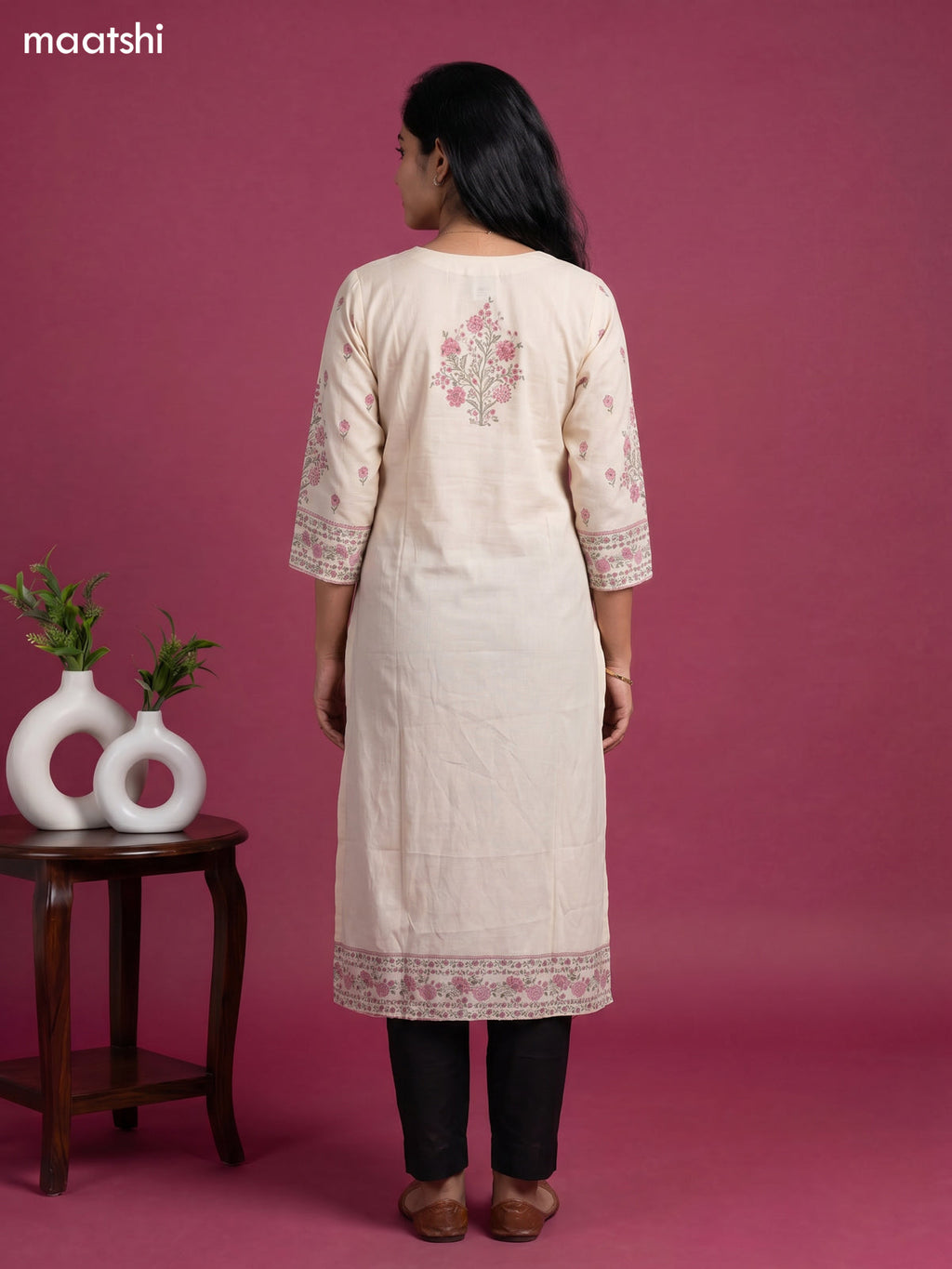 Cream Cotton Printed & Embroidery Work Straight Kurti