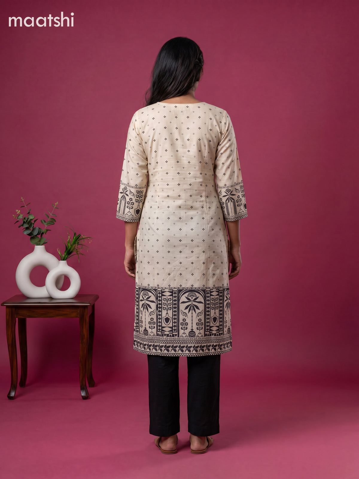 Cream Modal Printed & Embroidery Work Straight Suit