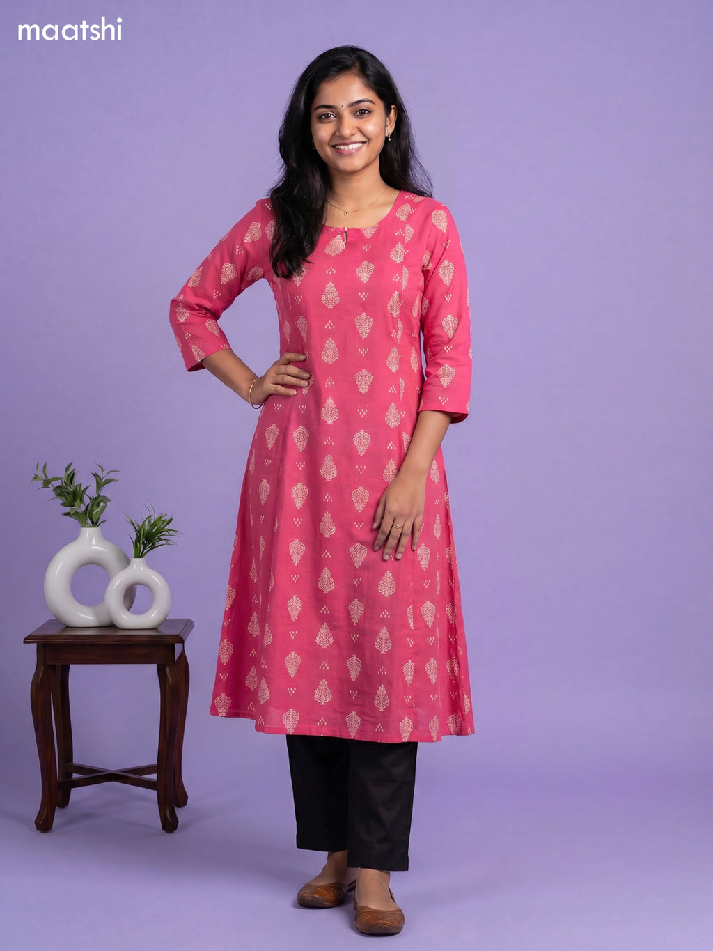 Pink Cotton Printed Anarkali Kurti