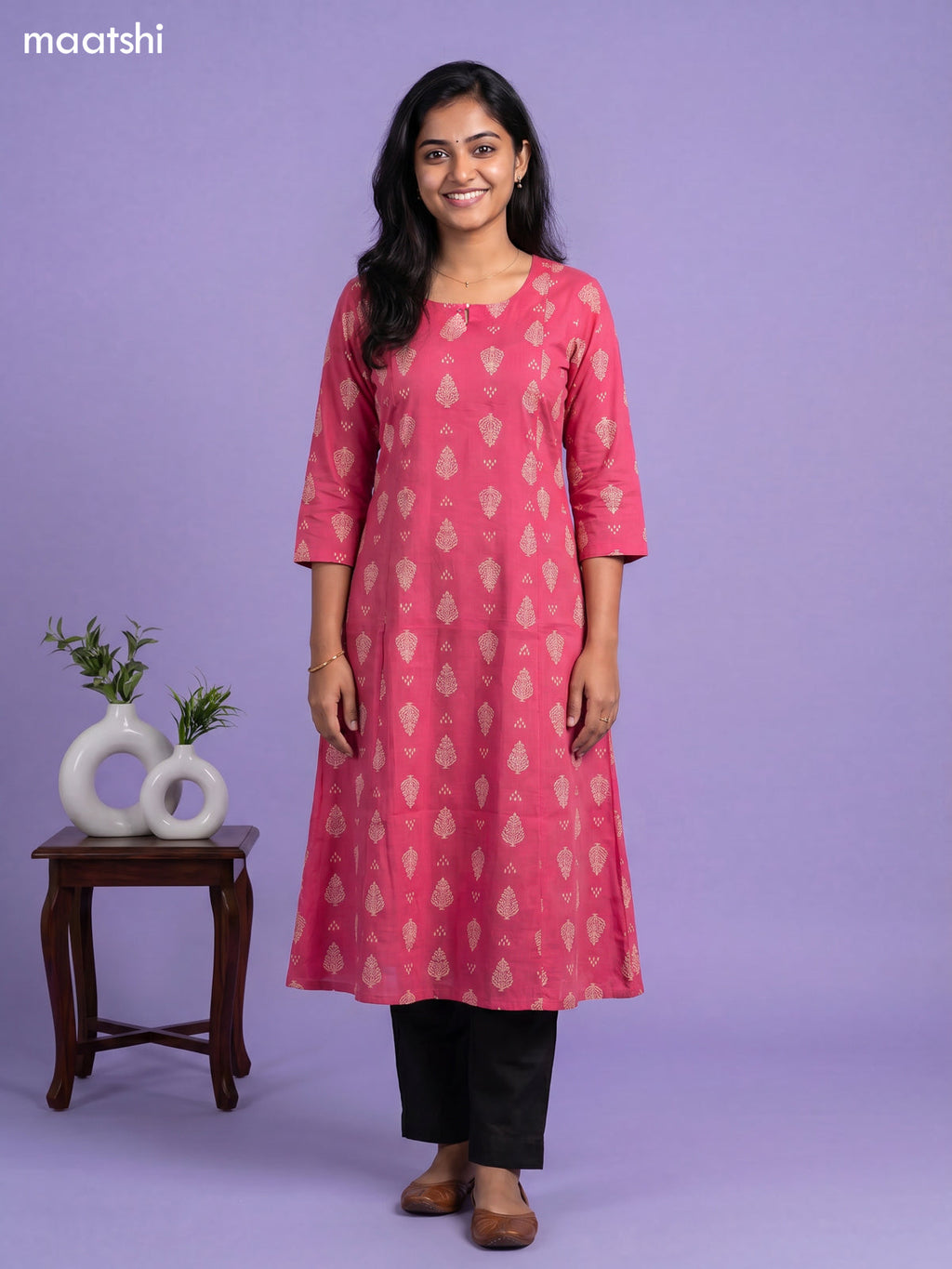 Pink Cotton Printed Anarkali Kurti