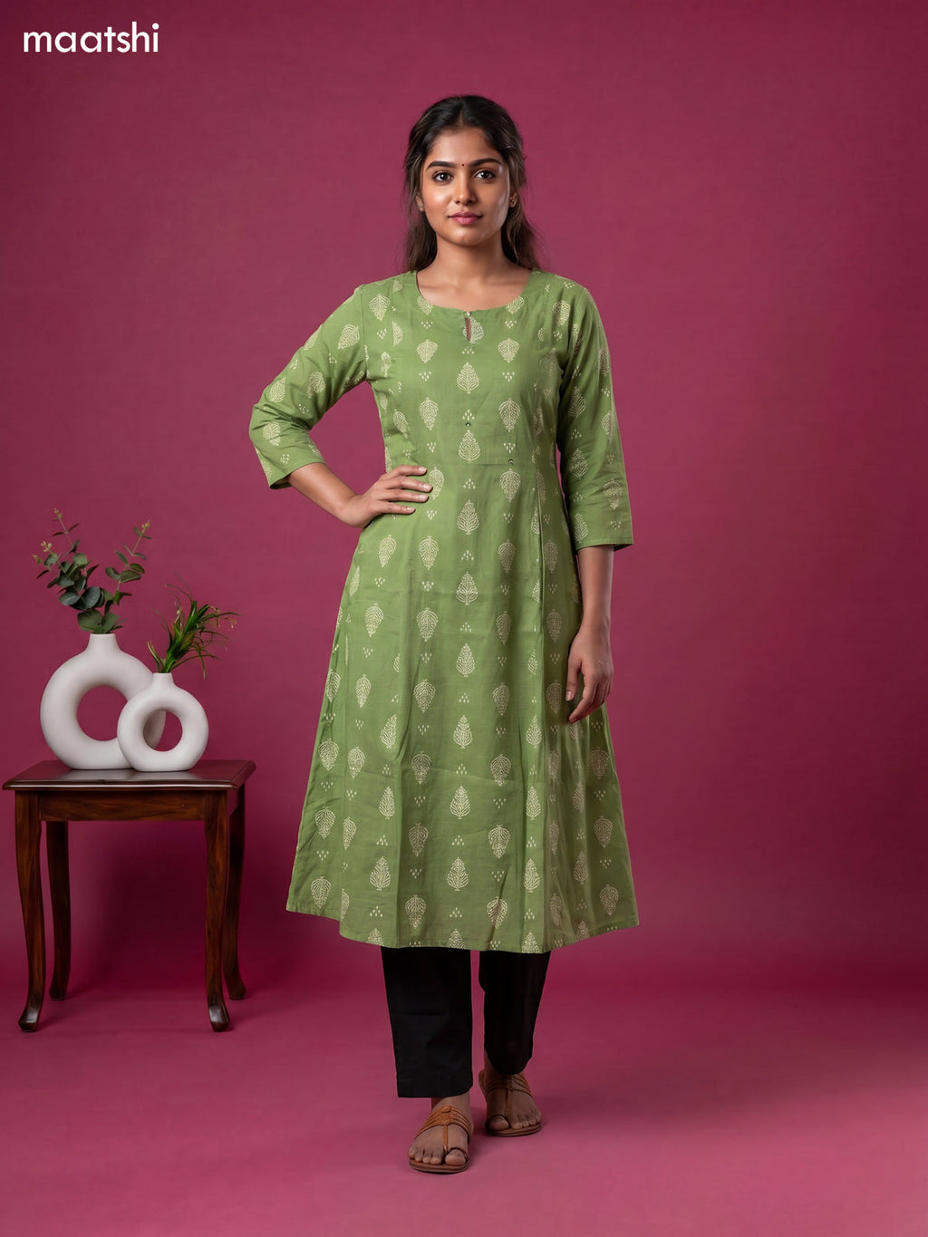 Green Cotton Printed Anarkali Kurti