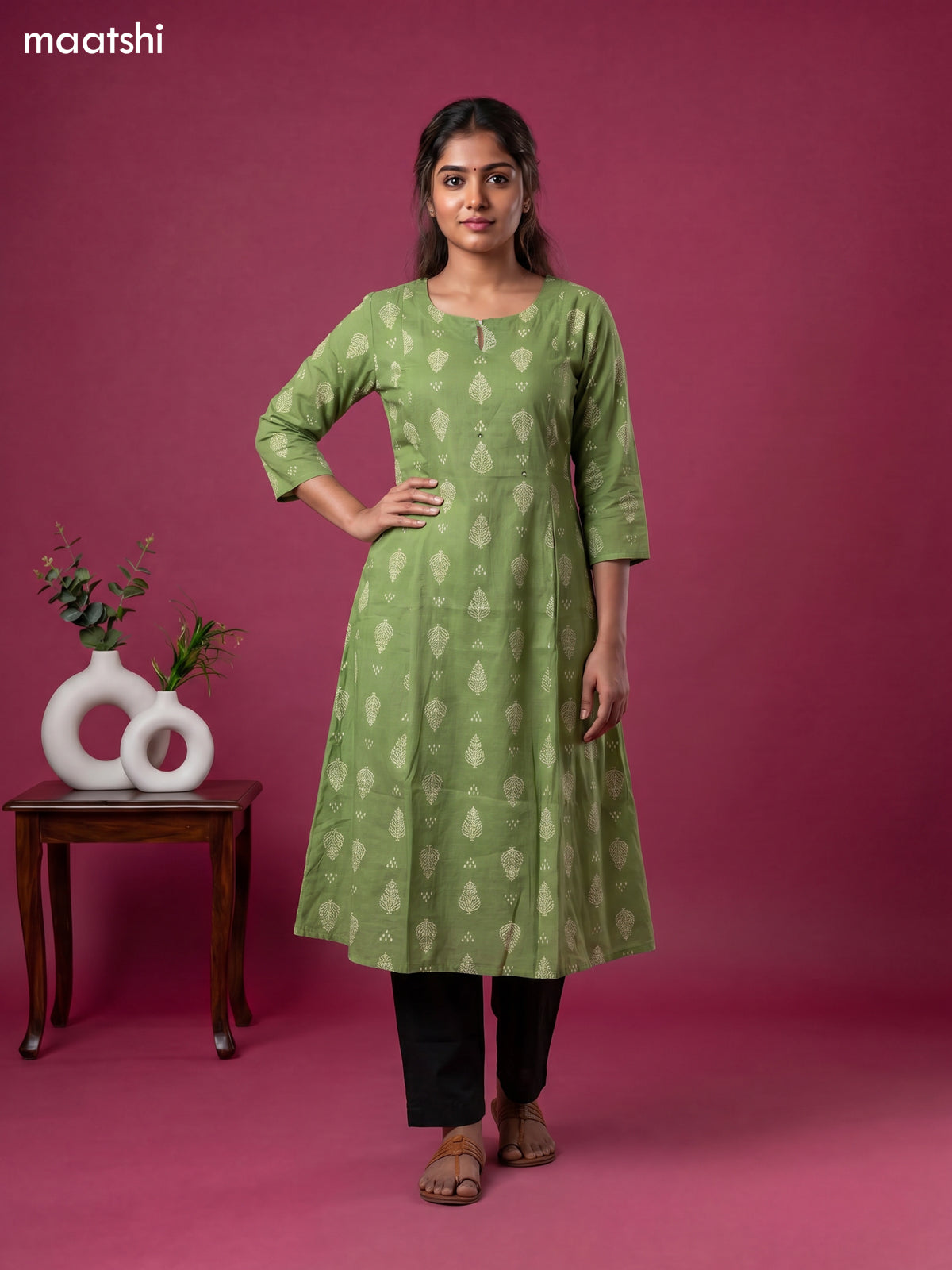 Green Cotton Printed Anarkali Kurti